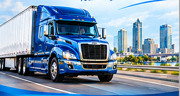 Blue freight truck traveling past a city skyline